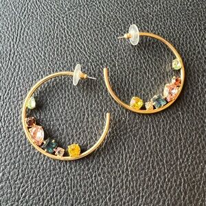 J. Crew Gold Hoop Earrings with Pink, Yellow, Green and Blue Stones